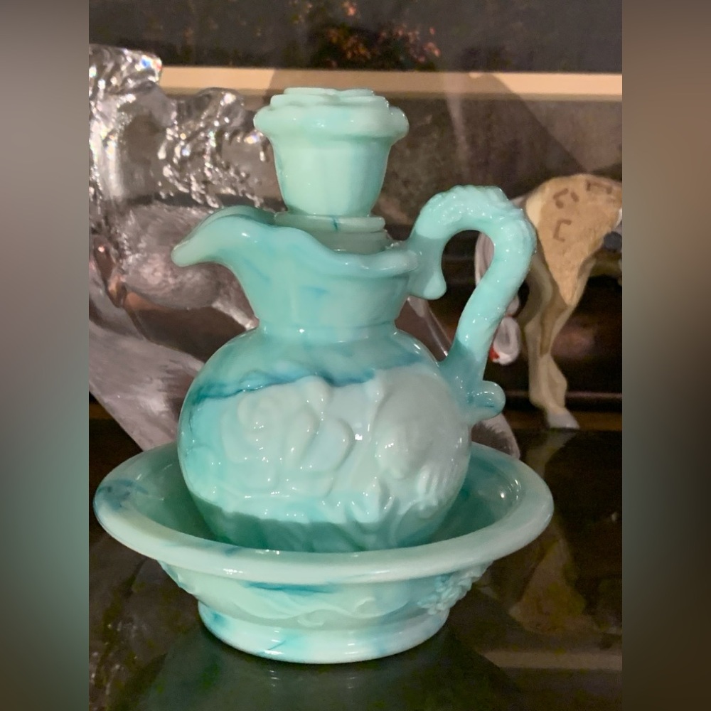 Victoriana Jadeite Milk Glass Swirl Decanter Pitcher and Bowl
